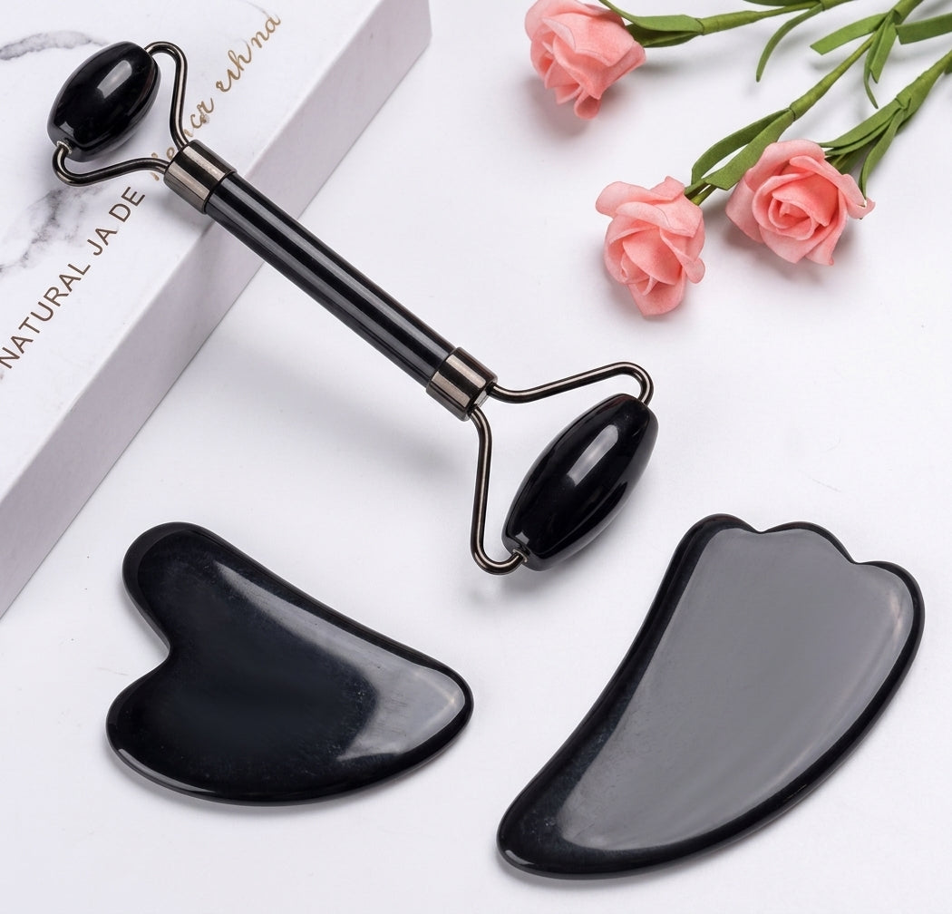 Natural Quartz Scraper Jade Roller Guasha Set Black Genuine