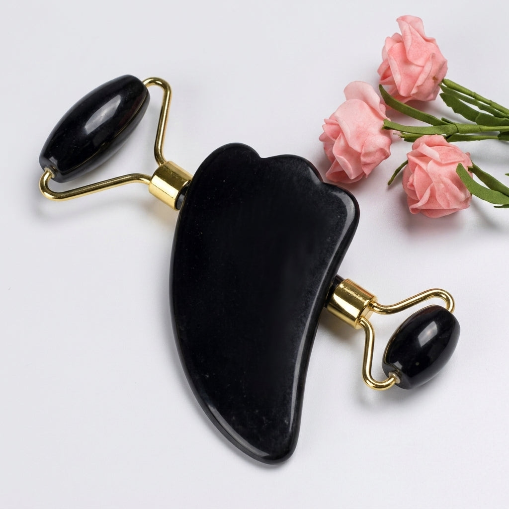 Natural Quartz Scraper Jade Roller Guasha Set Black Genuine